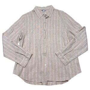 Orvis Womens Beige Striped Linen Blend Roll Tab Long Sleeve Button Down Shirt M